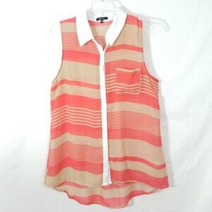 Monteau sheer striped collared hi low button top